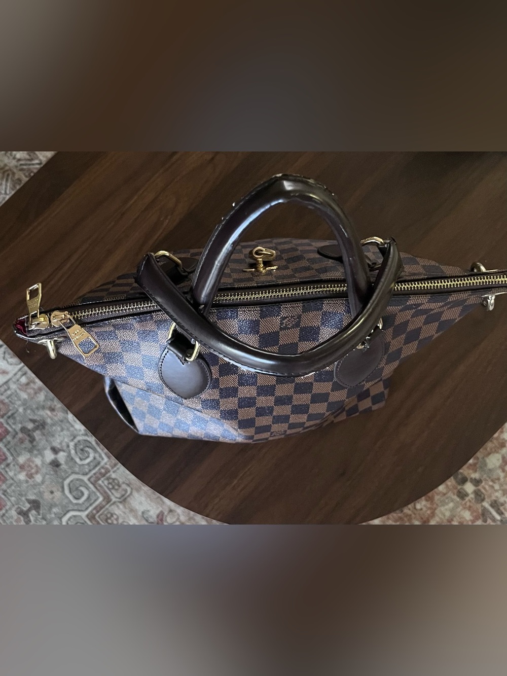 Brown checkered Zip top design inspired satchel . - Picture 3 of 11
